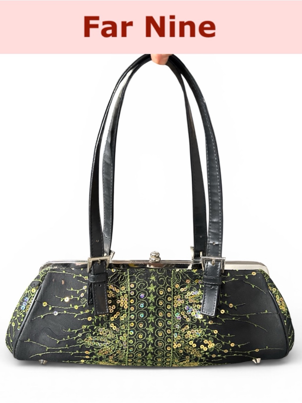 FAR NINE Y2K SEQUIN EMBROIDERED KISS LOCK SHOULDER BAG BAGUETTE FAIRY GRUNGE